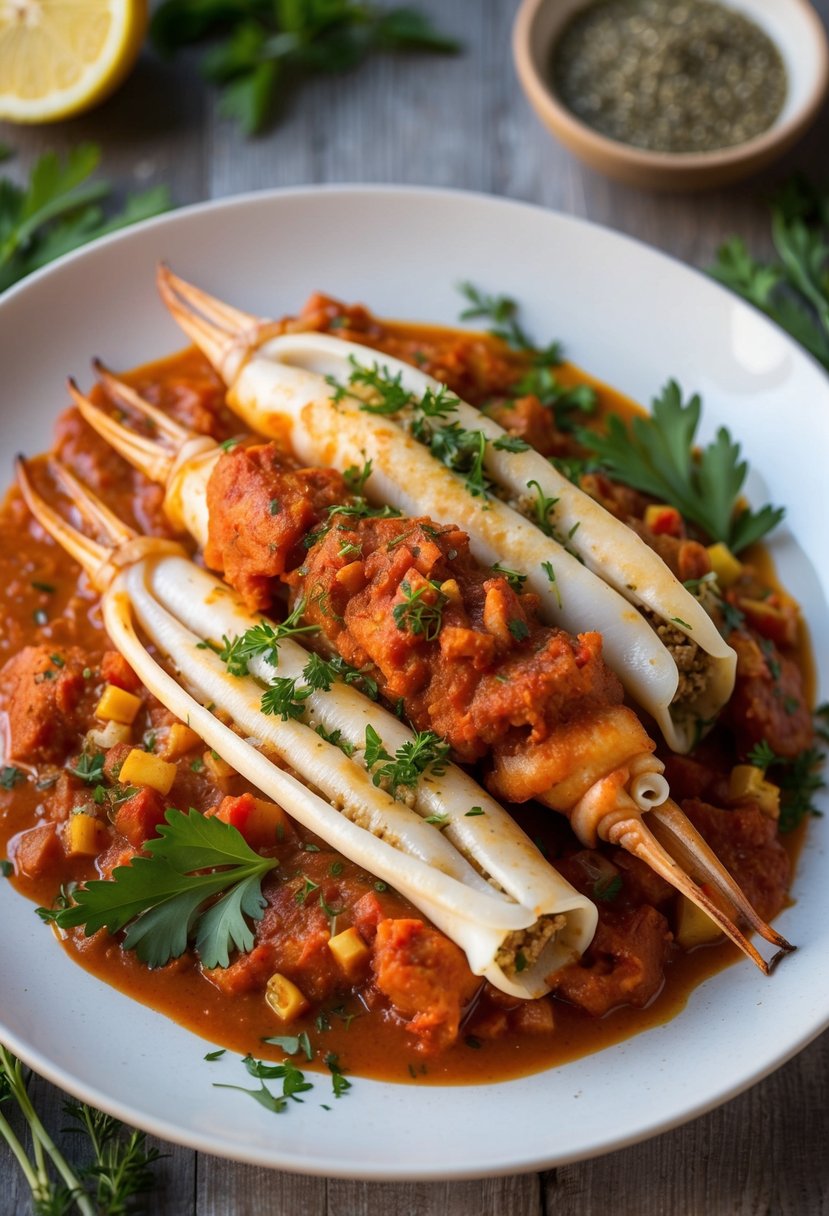 A plate of stuffed squid in rich tomato sauce, surrounded by fresh herbs and spices