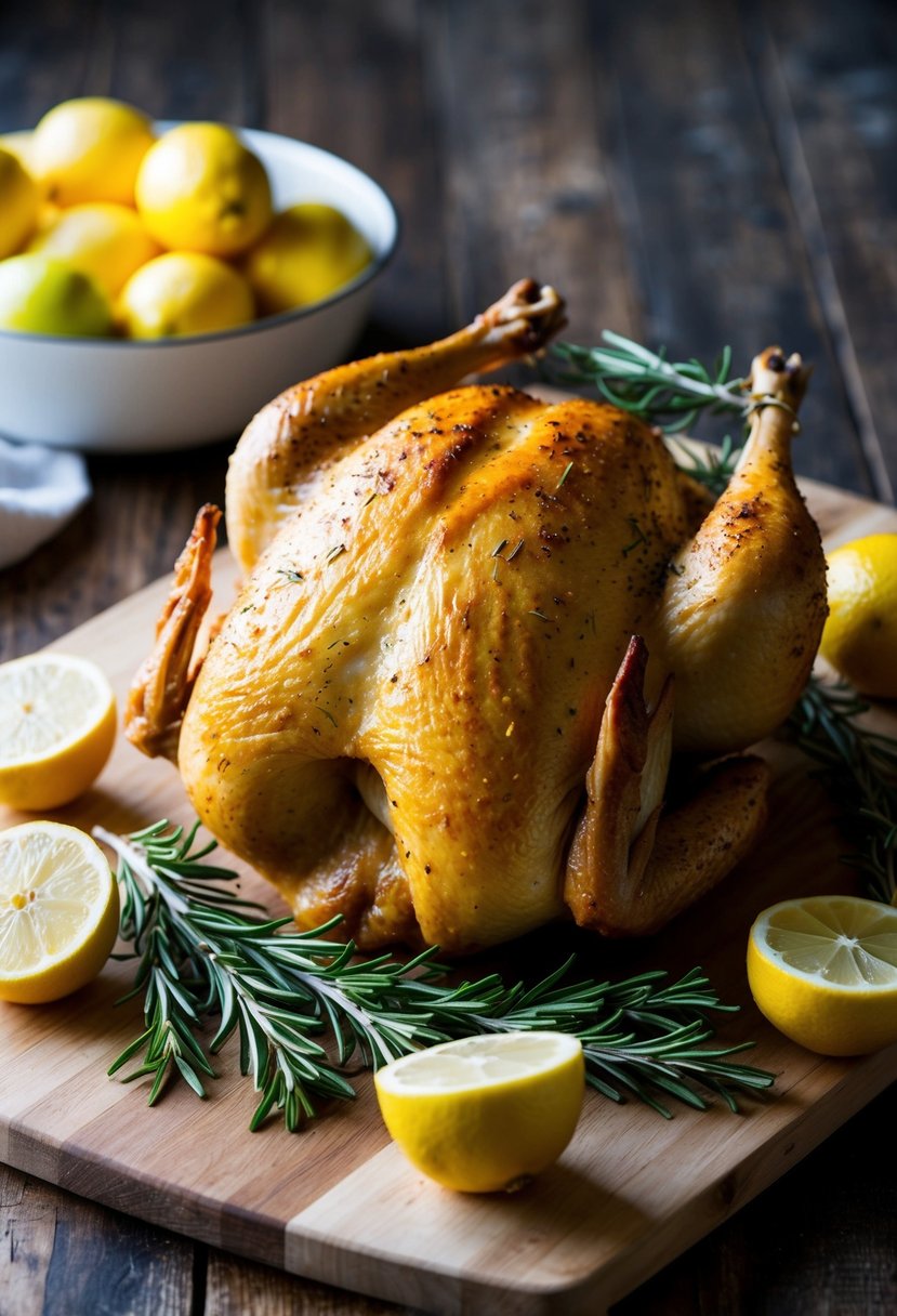 A whole oven stuffer roaster chicken surrounded by fresh lemons and rosemary sprigs on a wooden cutting board