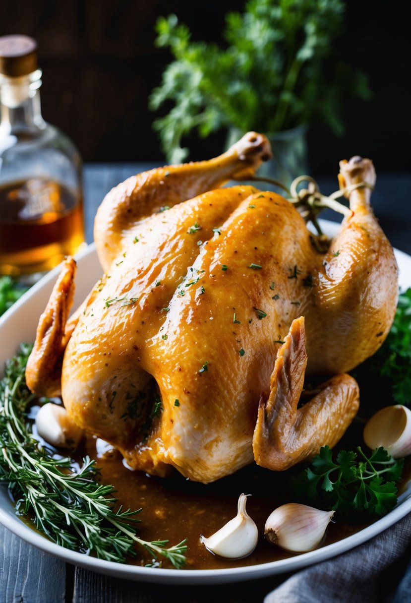 A whole chicken marinating in a maple bourbon sauce, surrounded by fresh herbs and garlic cloves, ready to be baked in the oven