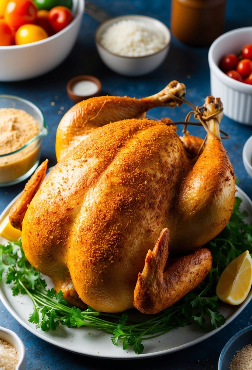 A whole roaster chicken coated in spicy Cajun rub, surrounded by ingredients for a recipe