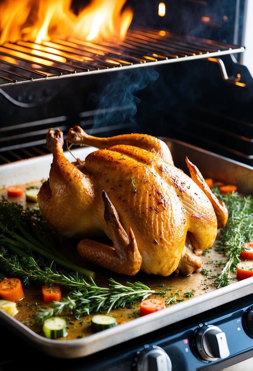 A whole chicken roasting in a BBQ oven, surrounded by herbs and vegetables on a baking sheet