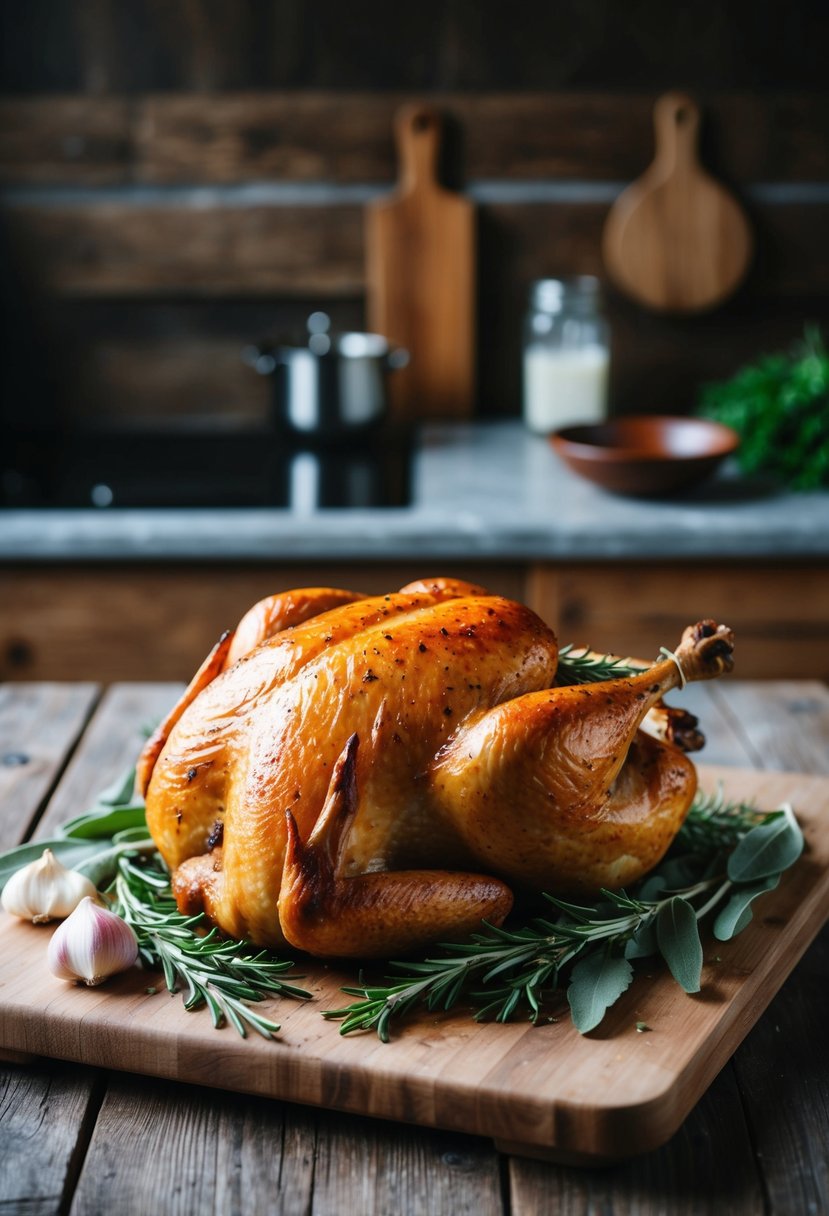 A rustic kitchen with a golden-brown roasted chicken surrounded by fresh sage, garlic, and rosemary on a wooden cutting board