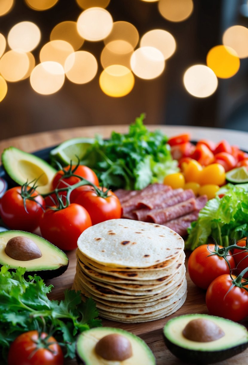 A colorful array of fresh ingredients, including tomatoes, lettuce, avocado, and various meats, arranged around a stack of warm tortillas