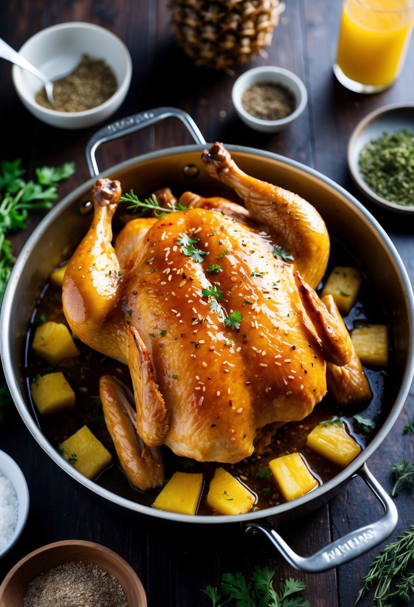 A whole chicken marinating in pineapple teriyaki sauce, surrounded by various herbs and spices, inside a roasting pan in the oven