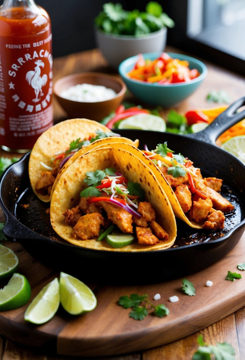 A sizzling skillet of spicy Sriracha chicken tacos, surrounded by colorful toppings and garnishes on a wooden serving board