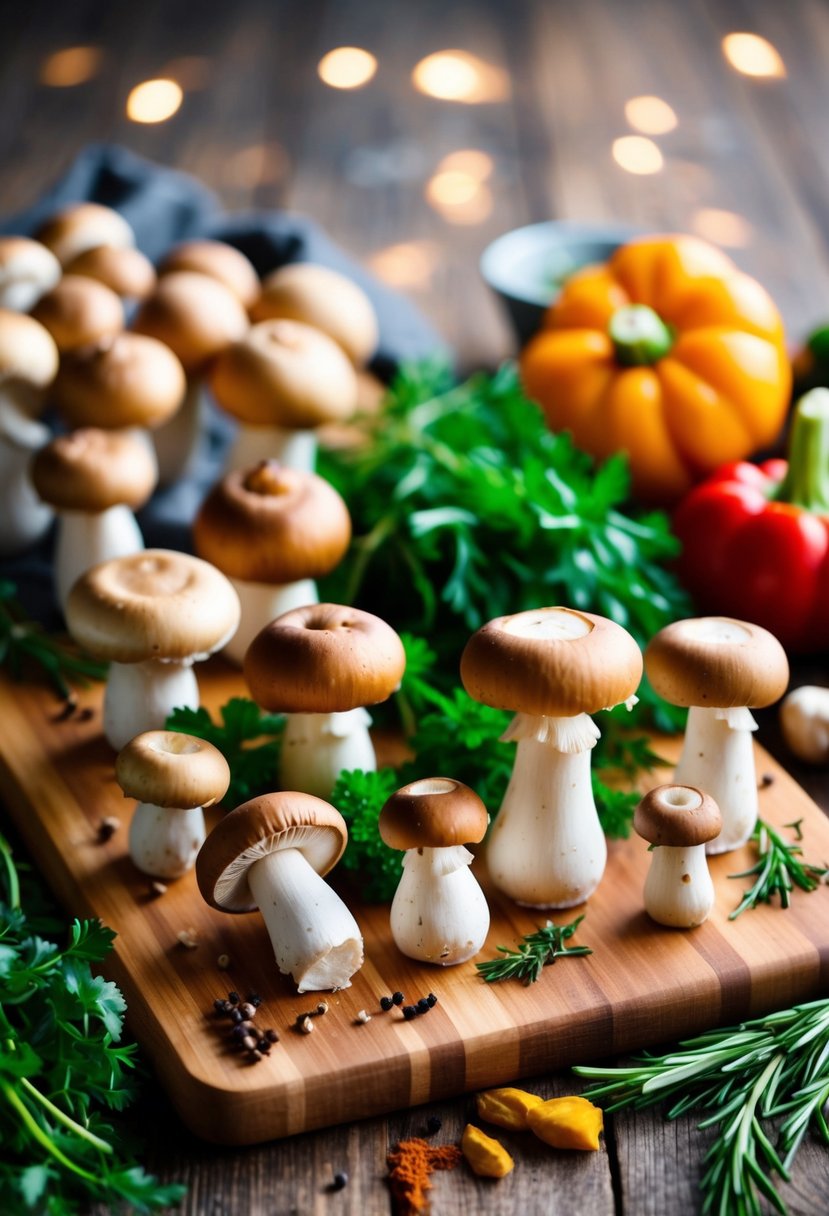 Various mushrooms of different sizes and colors arranged on a wooden cutting board, surrounded by fresh herbs and spices