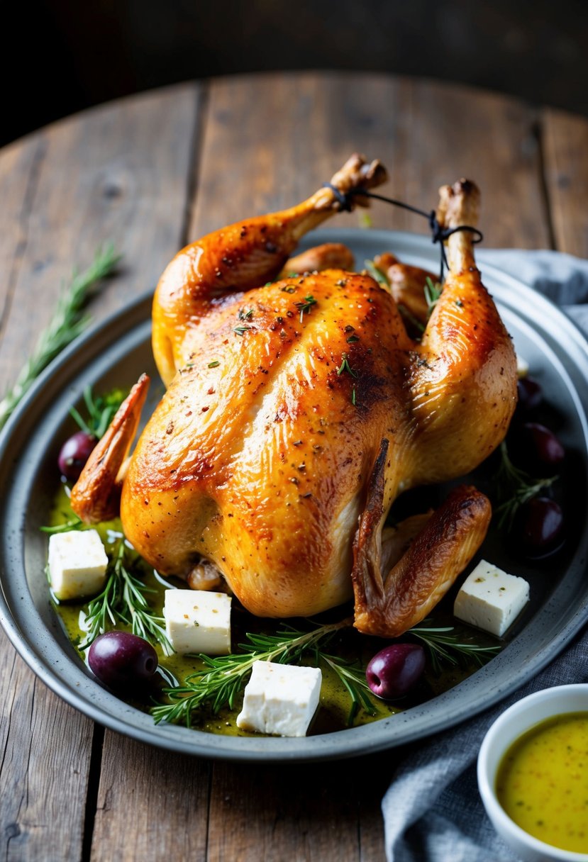 A golden-brown roasted chicken surrounded by feta cheese, olives, and Mediterranean herbs on a rustic serving platter