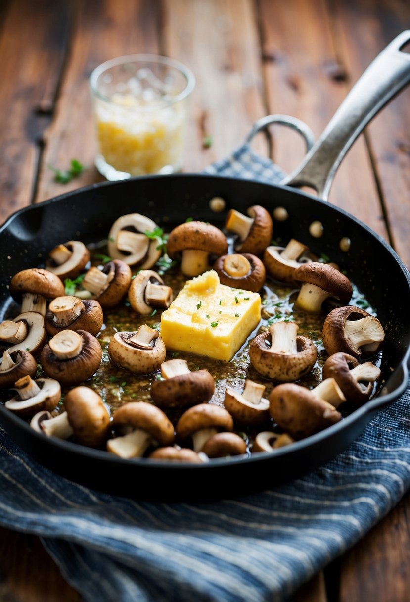 A sizzling skillet of mixed mushrooms bathing in garlic butter