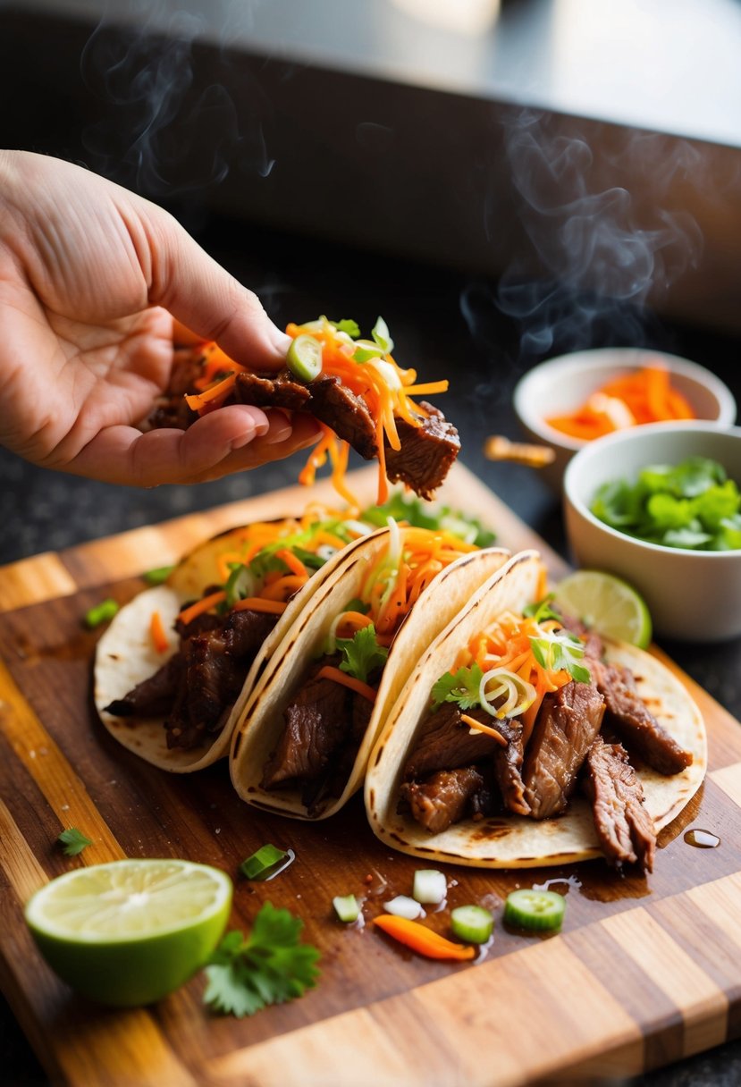 A sizzling Korean BBQ beef taco being assembled with fresh ingredients on a wooden cutting board