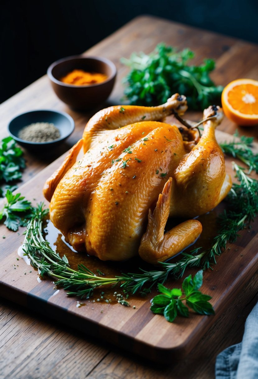 An oven stuffer roaster chicken marinating in orange ginger sauce on a cutting board, surrounded by fresh herbs and spices