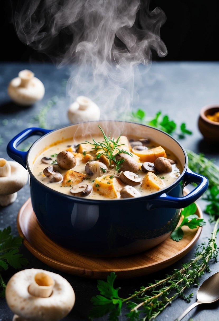 A steaming pot of mixed mushrooms in a creamy sauce, surrounded by fresh herbs and spices