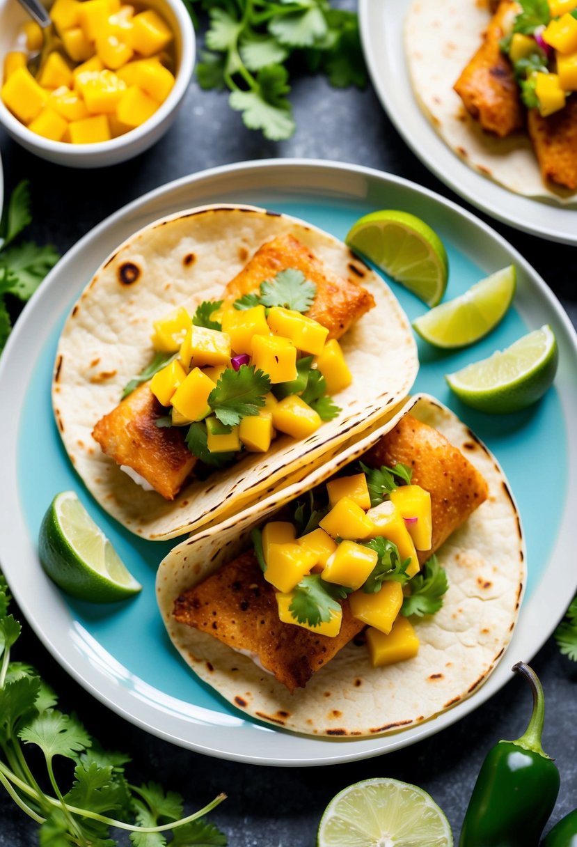 A plate of Baja fish tacos topped with vibrant mango salsa, surrounded by colorful ingredients like cilantro, lime wedges, and jalapenos