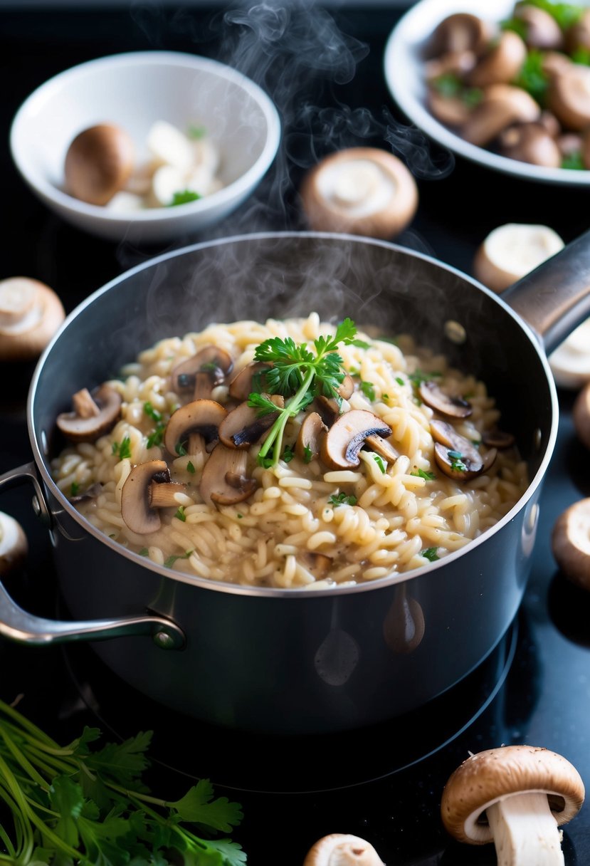 A steaming pot of mushroom risotto simmers on a stovetop, surrounded by an assortment of fresh and sautéed mushrooms