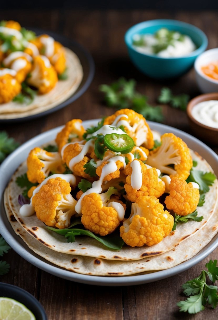 Golden-brown buffalo cauliflower florets nestled in warm tortillas with fresh toppings and drizzled with tangy sauce