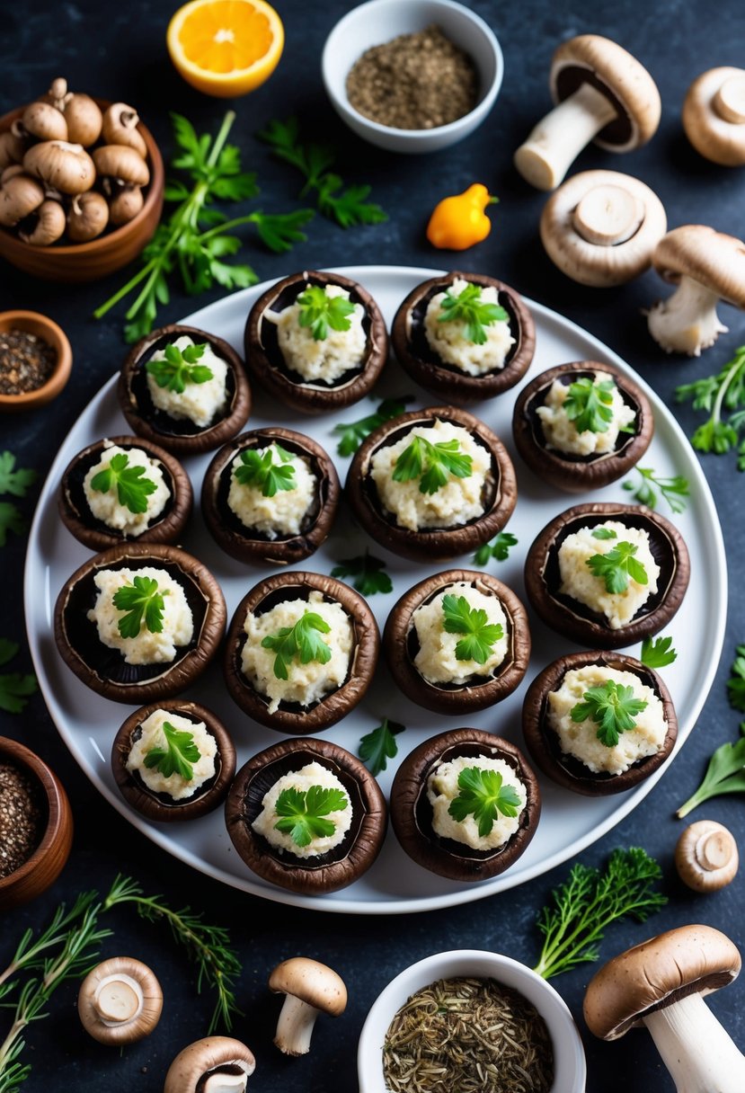 A platter of stuffed Portobello mushrooms surrounded by a variety of mixed mushrooms, herbs, and spices