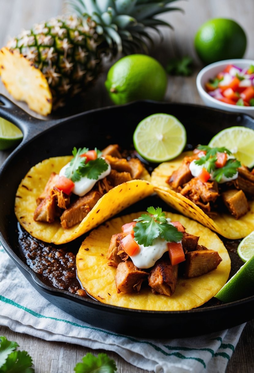 A sizzling skillet of pineapple pork carnitas tacos, with vibrant toppings and a side of salsa and lime wedges