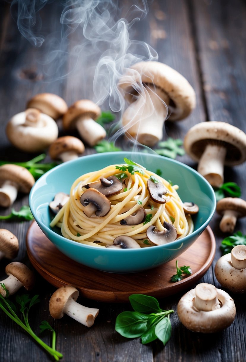 A steaming bowl of creamy mushroom pasta sits on a rustic wooden table, surrounded by a variety of fresh mixed mushrooms