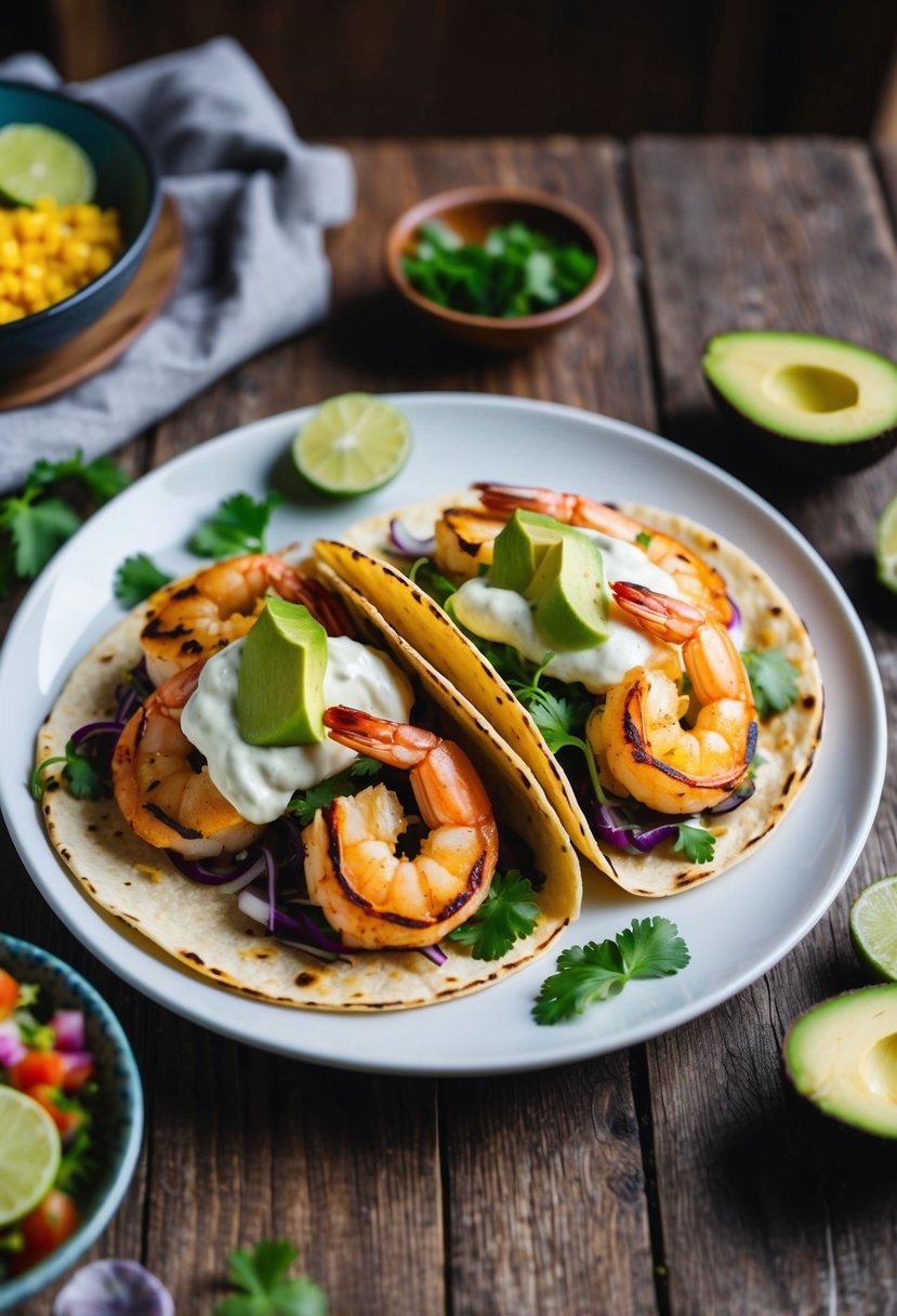 A plate of grilled shrimp tacos topped with avocado crema, surrounded by colorful garnishes and placed on a rustic wooden table