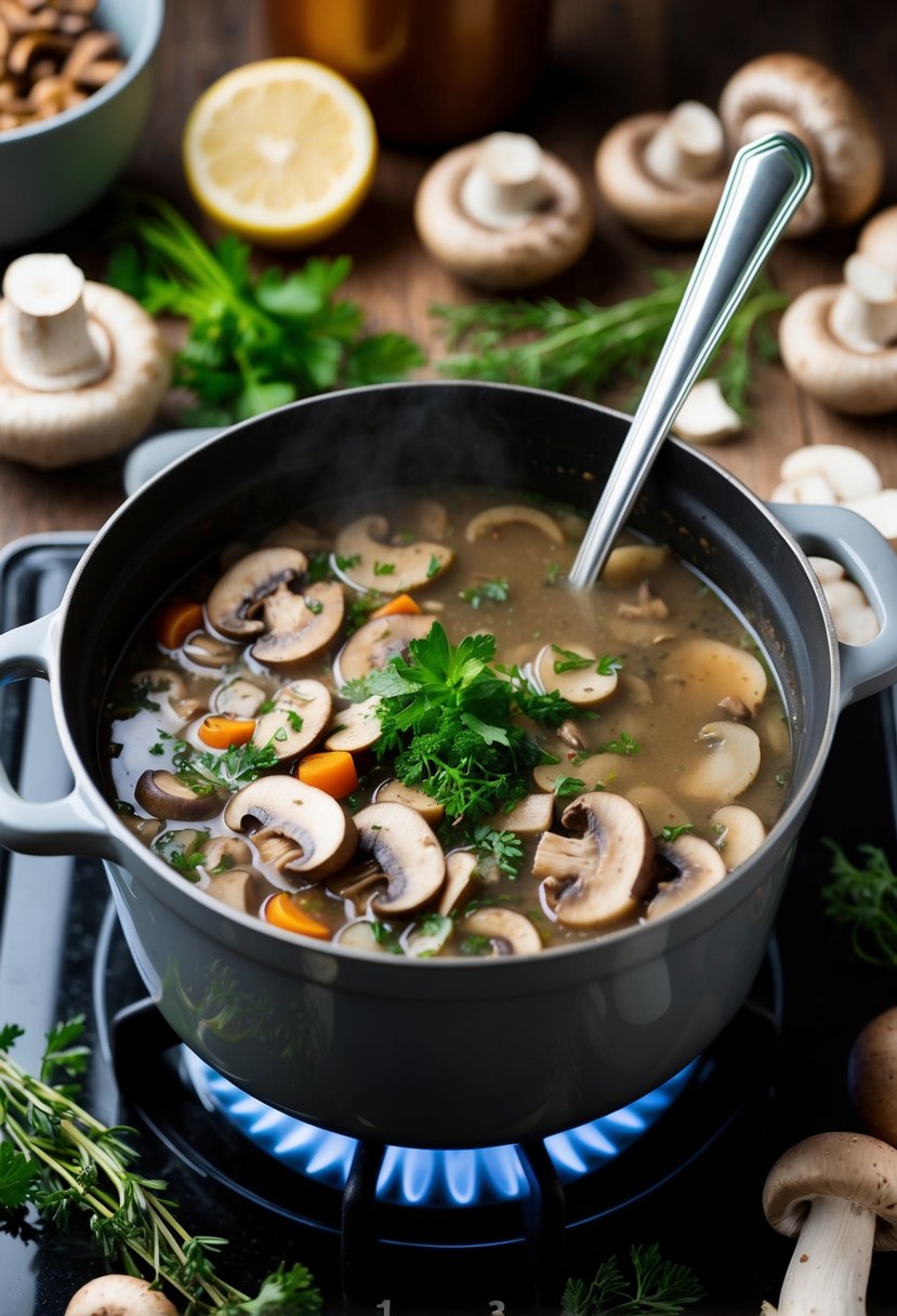 A pot of mushroom soup simmering on a stove, surrounded by a variety of fresh mushrooms, herbs, and other ingredients