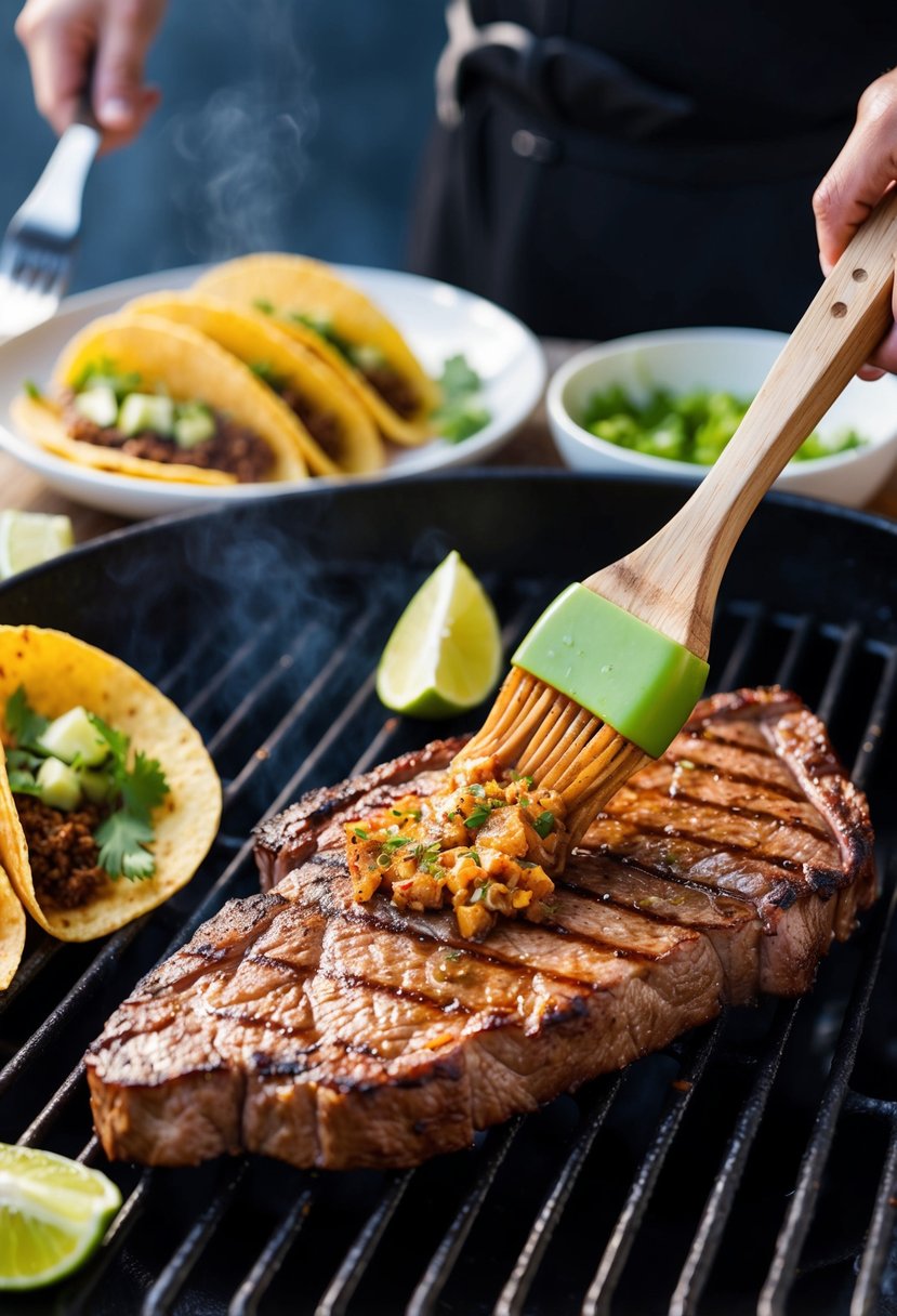 A sizzling flank steak sizzling on a grill, being brushed with a zesty chipotle lime marinade, surrounded by taco fixings