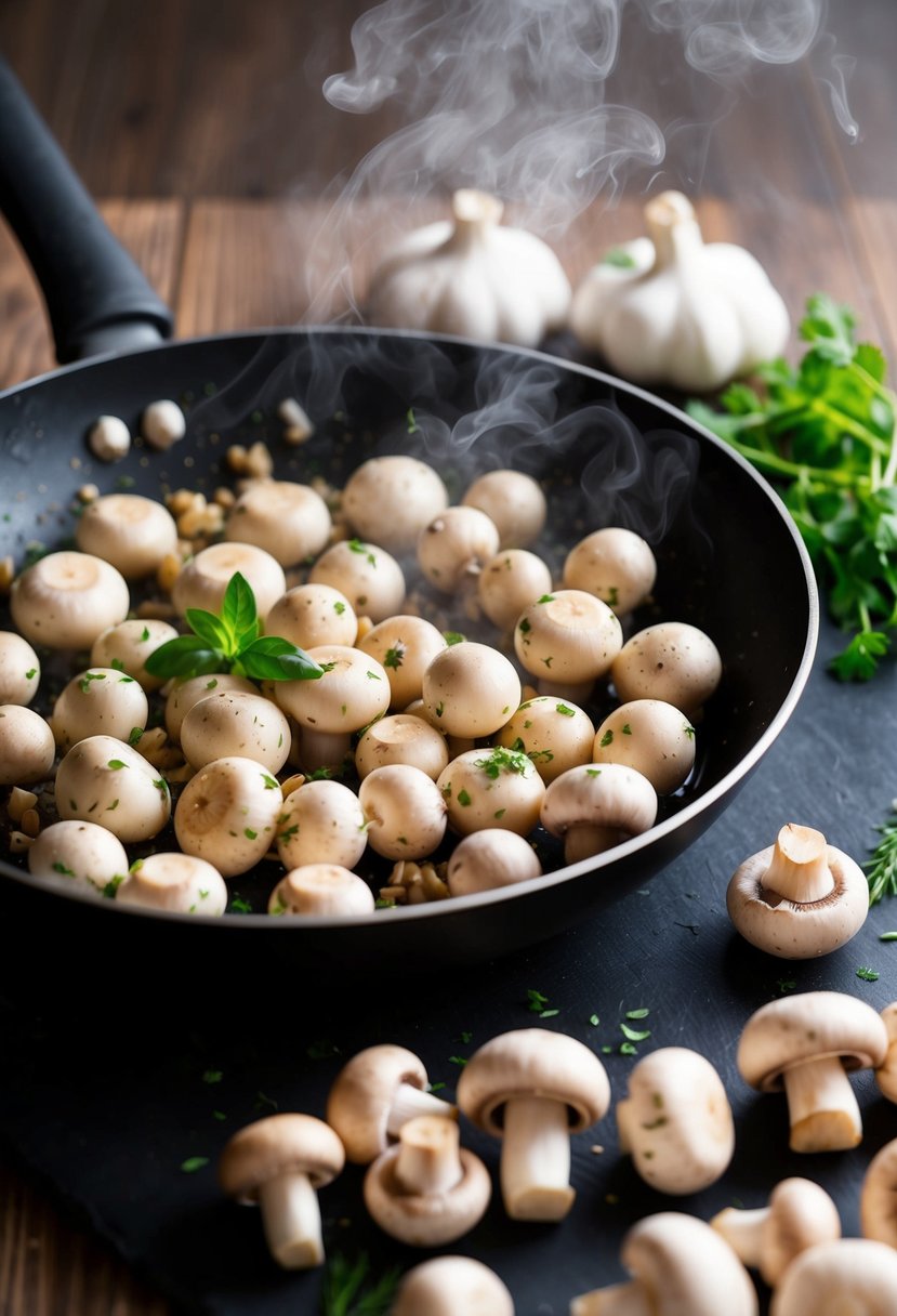 Button mushrooms sizzling in a hot pan with garlic and herbs, steam rising. Mixed mushrooms waiting to be added