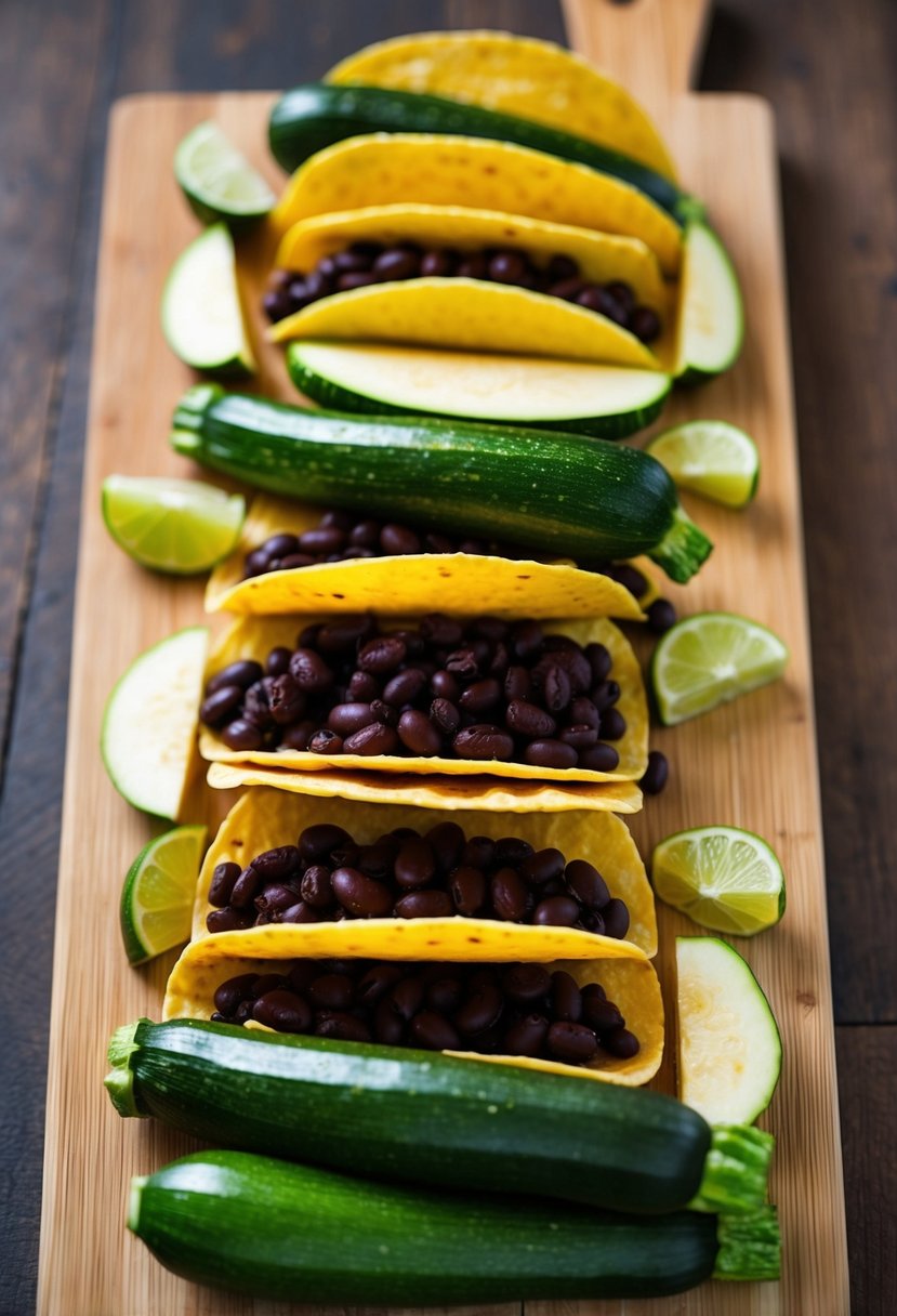 A colorful array of zucchini, black beans, and taco shells arranged on a wooden cutting board