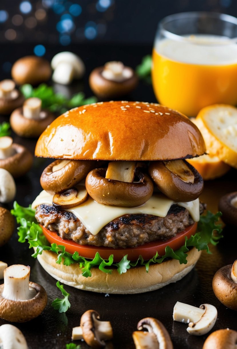 A sizzling Mushroom and Swiss Burger surrounded by a variety of fresh and cooked mushrooms, with a hint of melted Swiss cheese