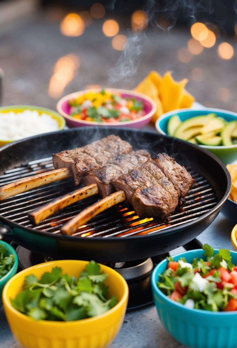 A sizzling grill cooks seasoned lamb, surrounded by colorful bowls of fresh Mediterranean-inspired taco ingredients