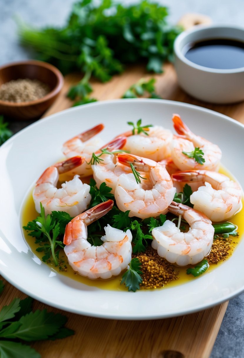 A plate of raw shrimp surrounded by fresh herbs and spices on a wooden cutting board