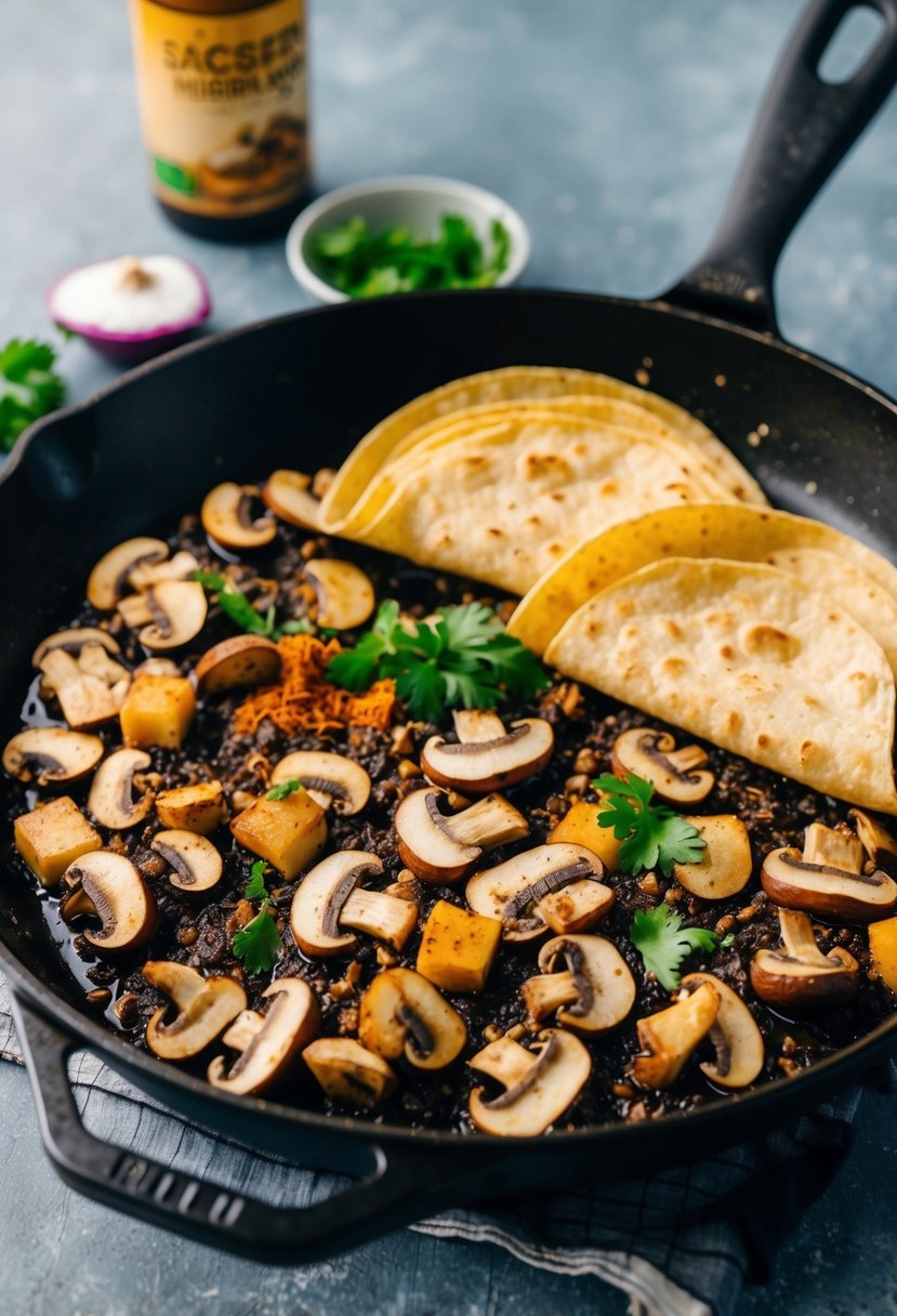 A sizzling skillet of assorted mushrooms and spices, ready to be folded into warm tortillas for mushroom tacos