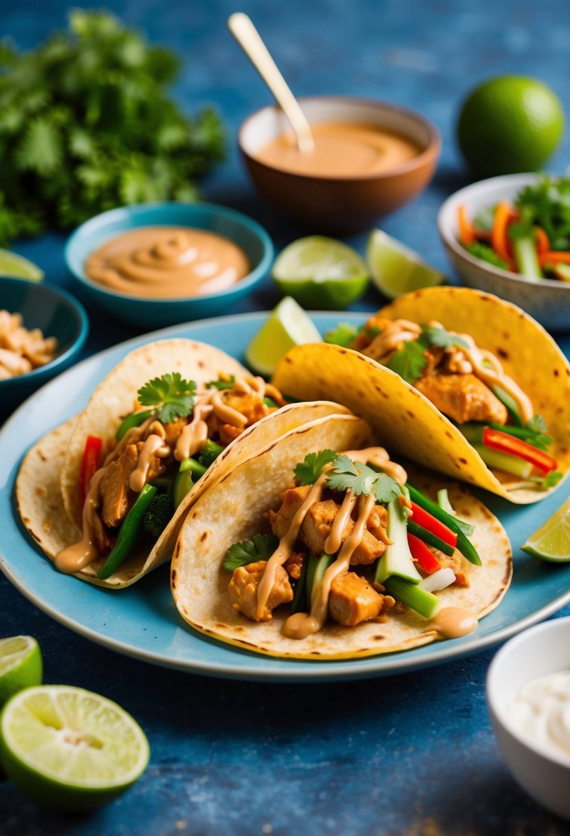 A colorful spread of Thai Peanut Chicken Tacos with vibrant vegetables and a drizzle of peanut sauce