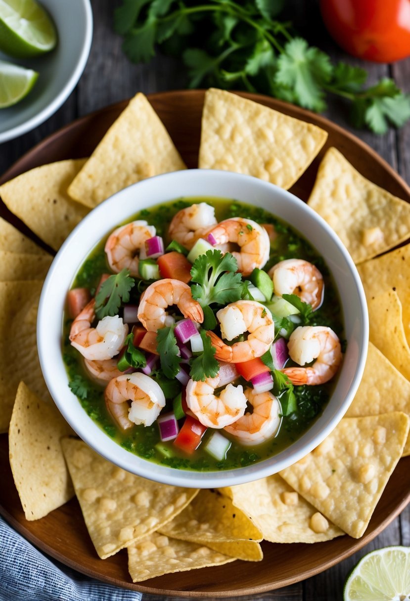 Fresh shrimp, diced onions, tomatoes, and cilantro mixed in a bowl with lime juice and served with tortilla chips on a wooden platter