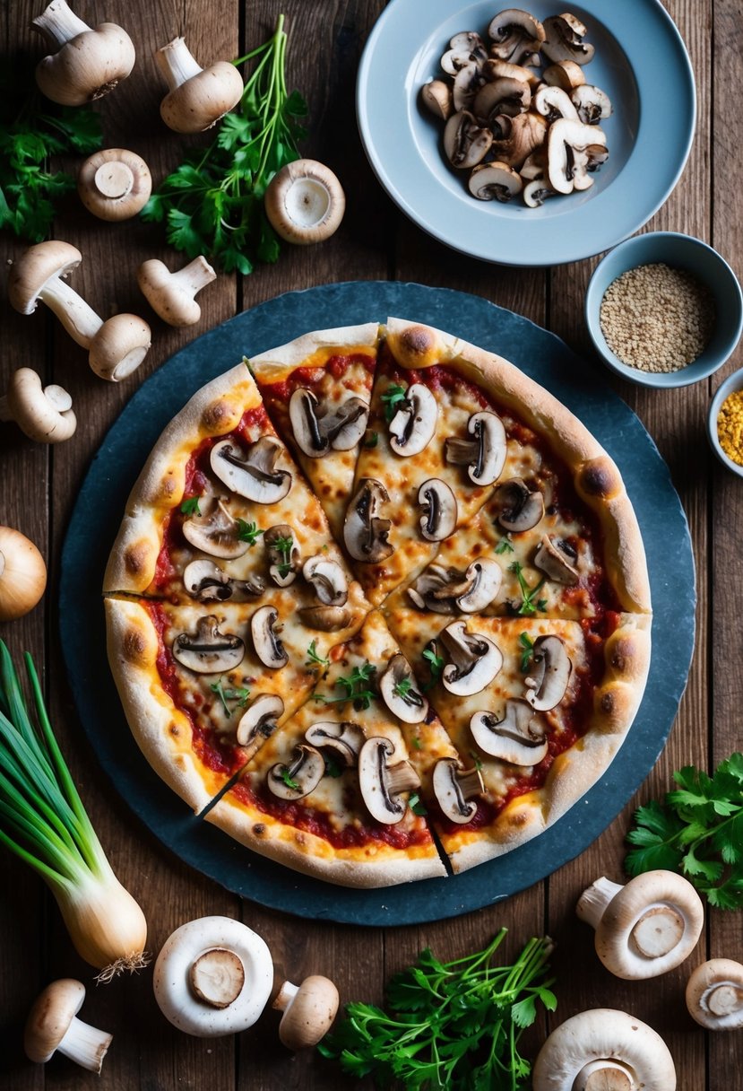 A rustic wooden table with a freshly baked mushroom pizza surrounded by an assortment of mixed mushrooms and recipe ingredients