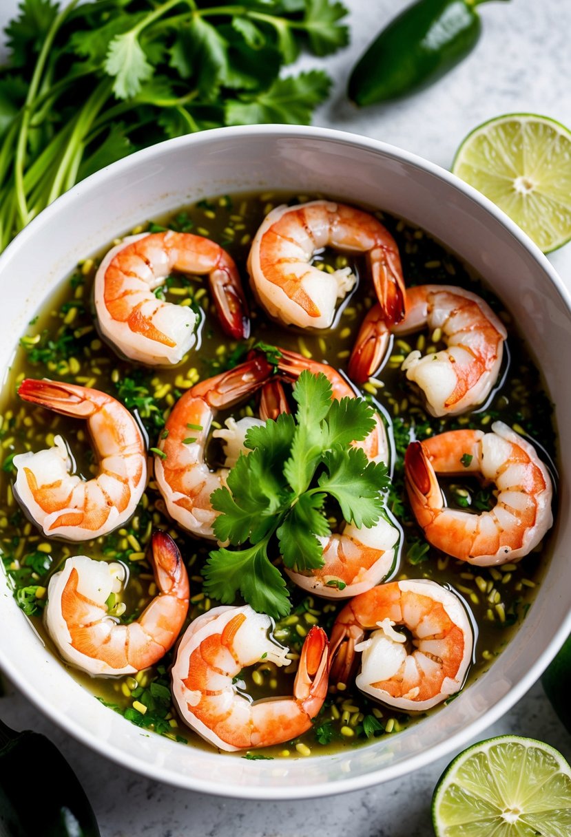 A bowl of raw shrimp marinating in a garlic and lime mixture, surrounded by fresh ingredients like cilantro, jalapenos, and limes