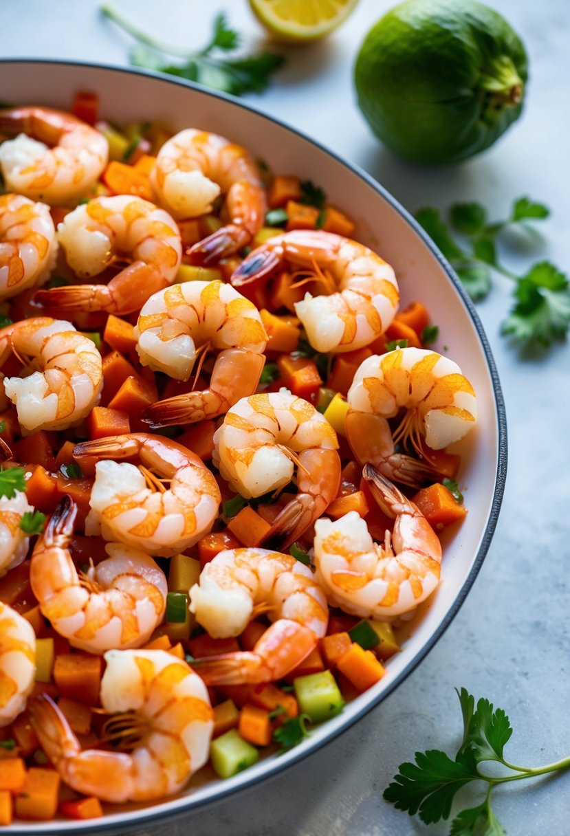 A vibrant array of fresh, raw shrimp mixed with spicy seasonings and diced vegetables, arranged in an elegant dish