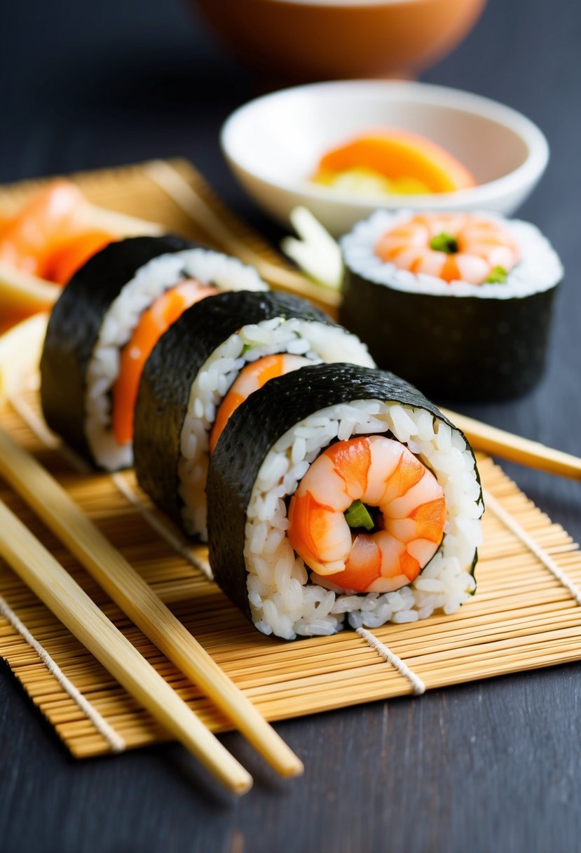 A sushi roll filled with raw shrimp, surrounded by a bamboo placemat and chopsticks