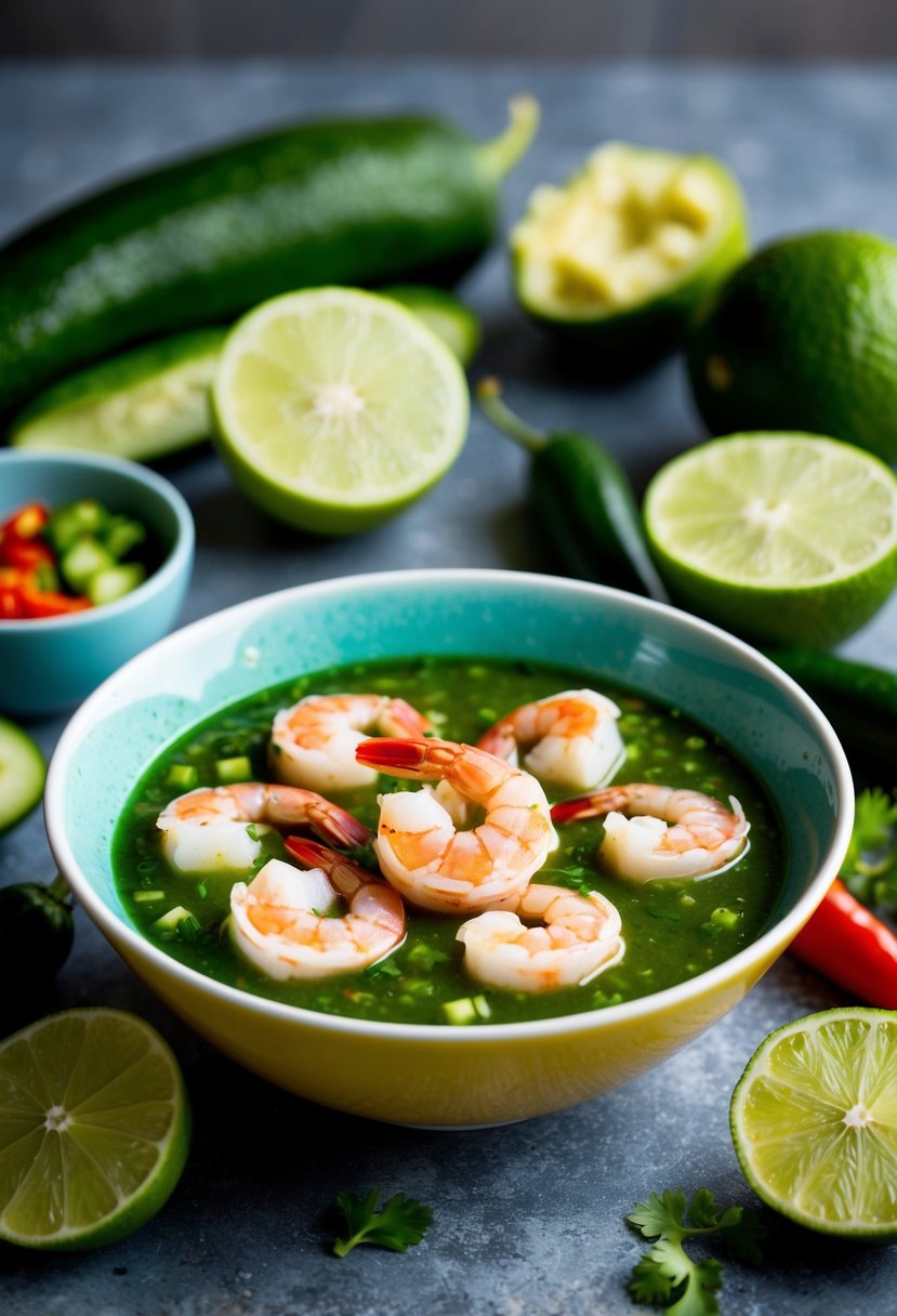 A bowl of raw shrimp marinating in a vibrant green aguachile sauce, surrounded by ingredients like lime, cucumber, and chili peppers