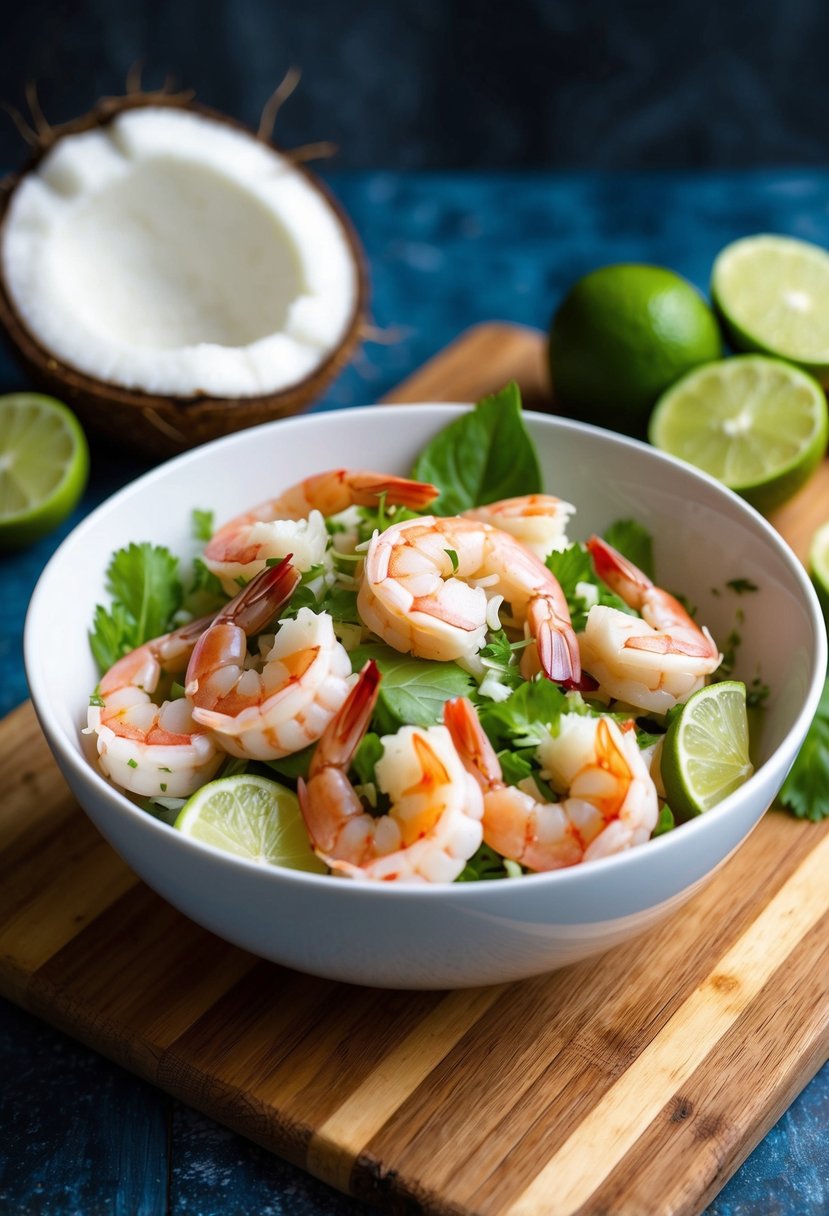 A bowl of coconut lime shrimp salad with fresh ingredients and raw shrimp on a wooden cutting board