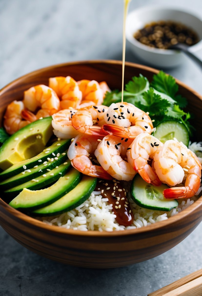 A wooden bowl filled with colorful layers of raw shrimp, avocado, cucumber, and rice, topped with sesame seeds and drizzled with a savory sauce