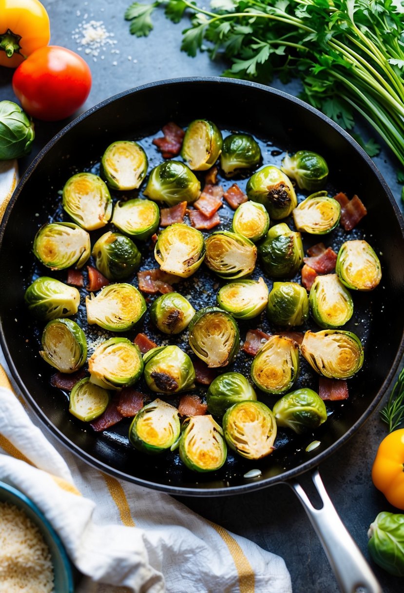 A sizzling skillet of roasted brussel sprouts with crispy bacon and a sprinkle of parmesan, surrounded by fresh herbs and vibrant vegetables