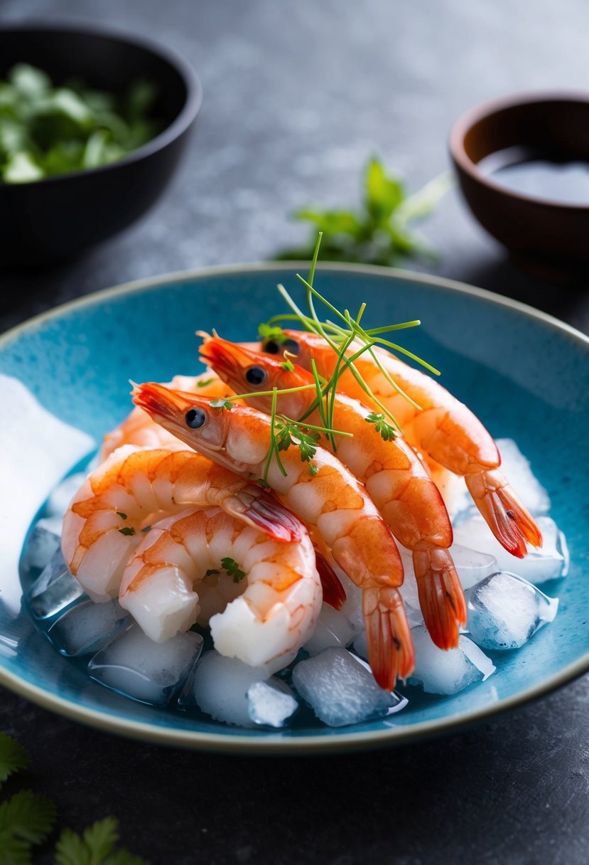 A plate of Thai shrimp sashimi with sliced raw shrimp, garnished with herbs and served on a bed of ice