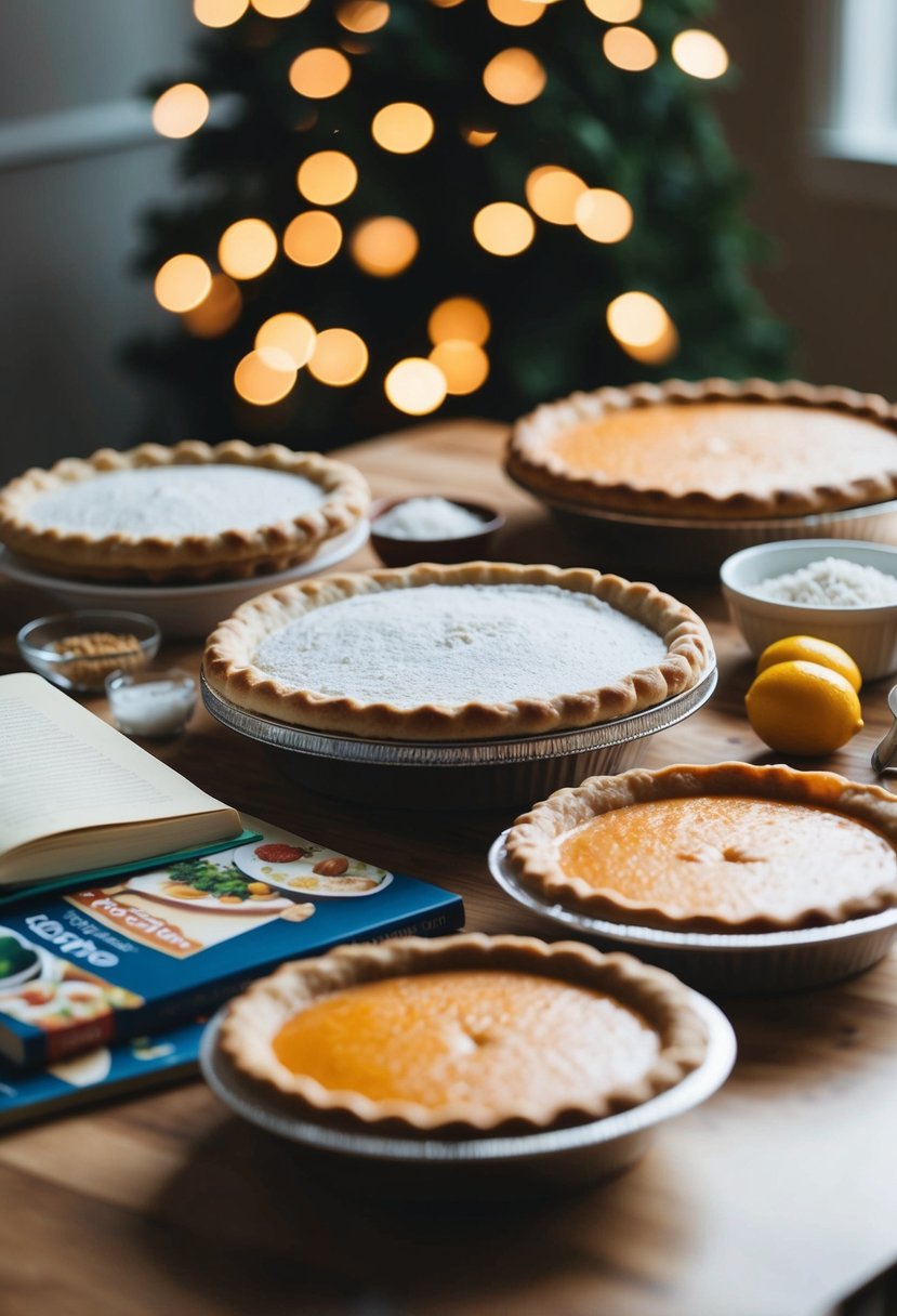 A table with various frozen pies, ingredients, and recipe books scattered around