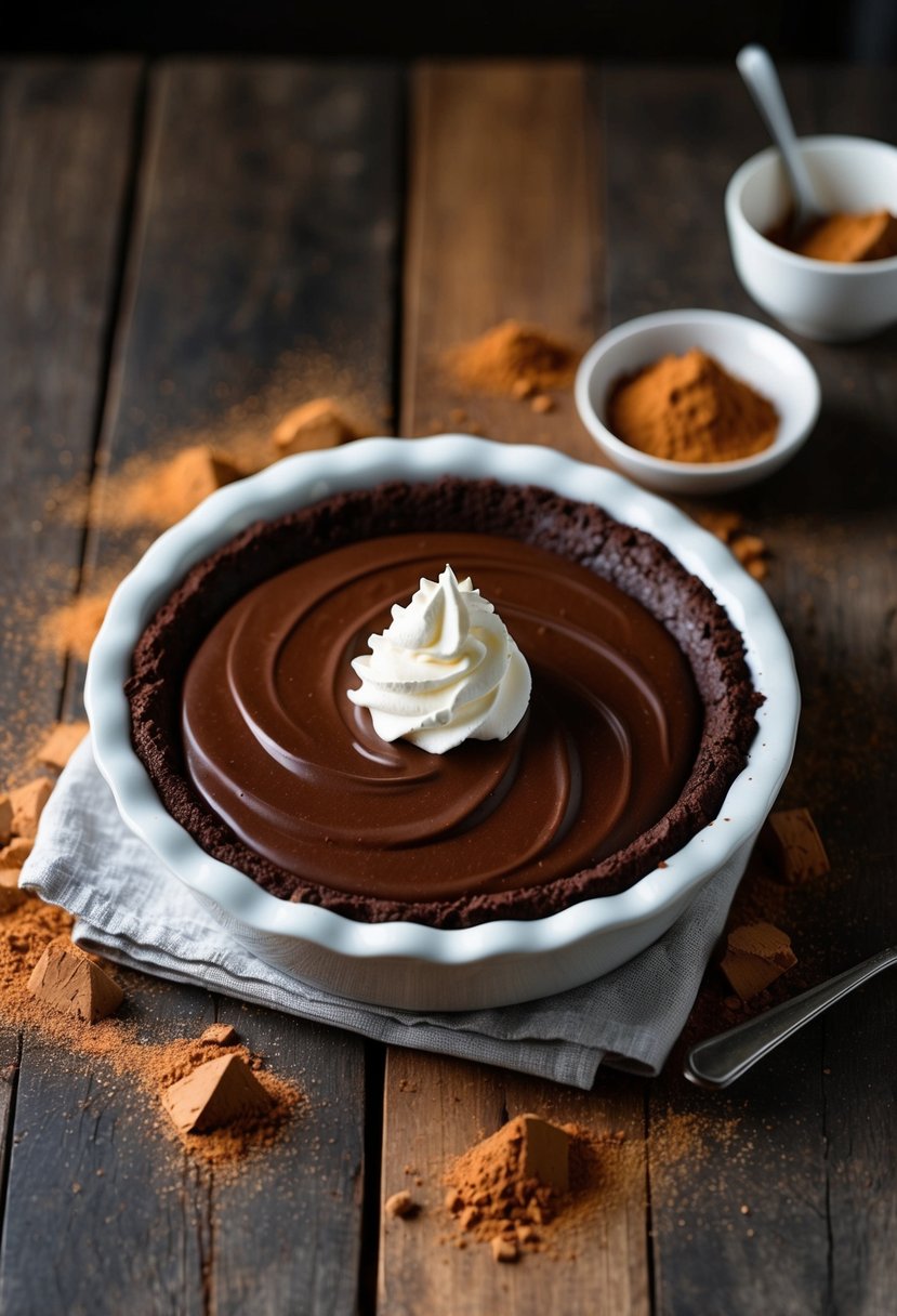 A decadent chocolate silk pie sits on a rustic wooden table, surrounded by scattered cocoa powder and a dollop of whipped cream