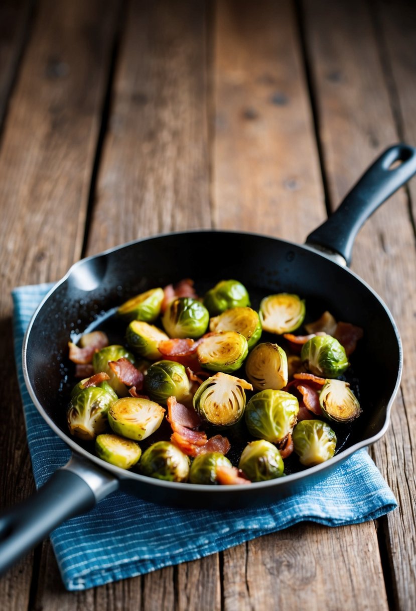 A sizzling skillet of roasted Brussels sprouts and bacon on a rustic wooden table