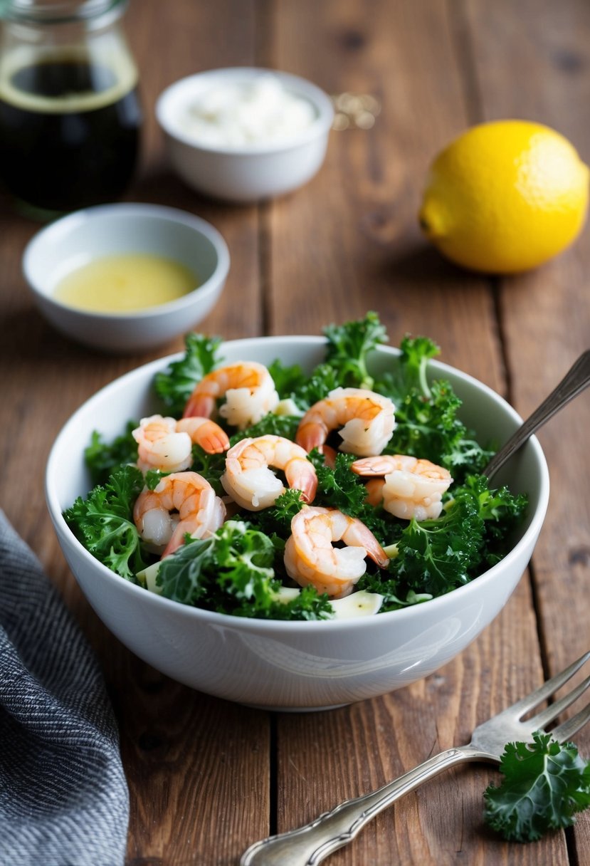 A bowl of kale and shrimp salad with lemon dressing on a wooden table