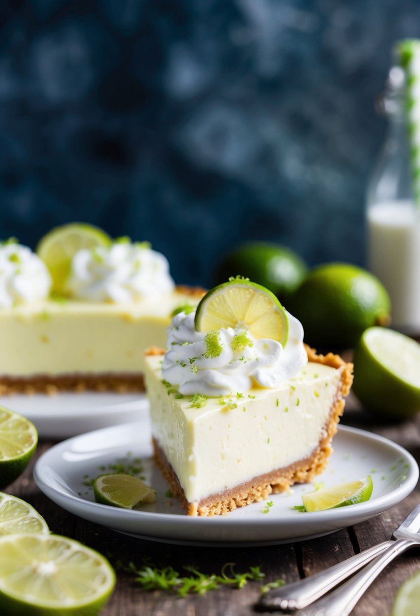 A slice of Key Lime Icebox Pie sits on a graham cracker crust, topped with whipped cream and lime zest, surrounded by fresh lime slices