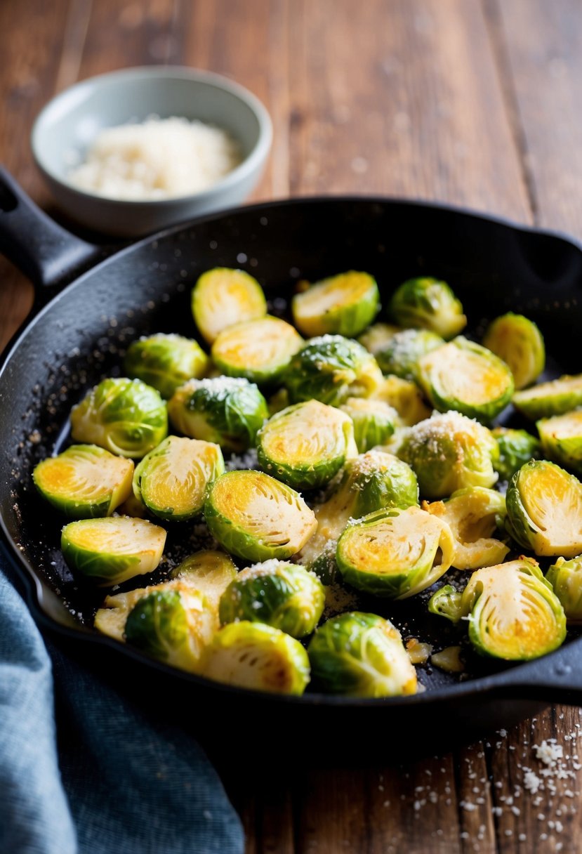 A sizzling skillet of roasted brussels sprouts coated in a golden garlic parmesan sauce, with a sprinkle of freshly grated cheese on top