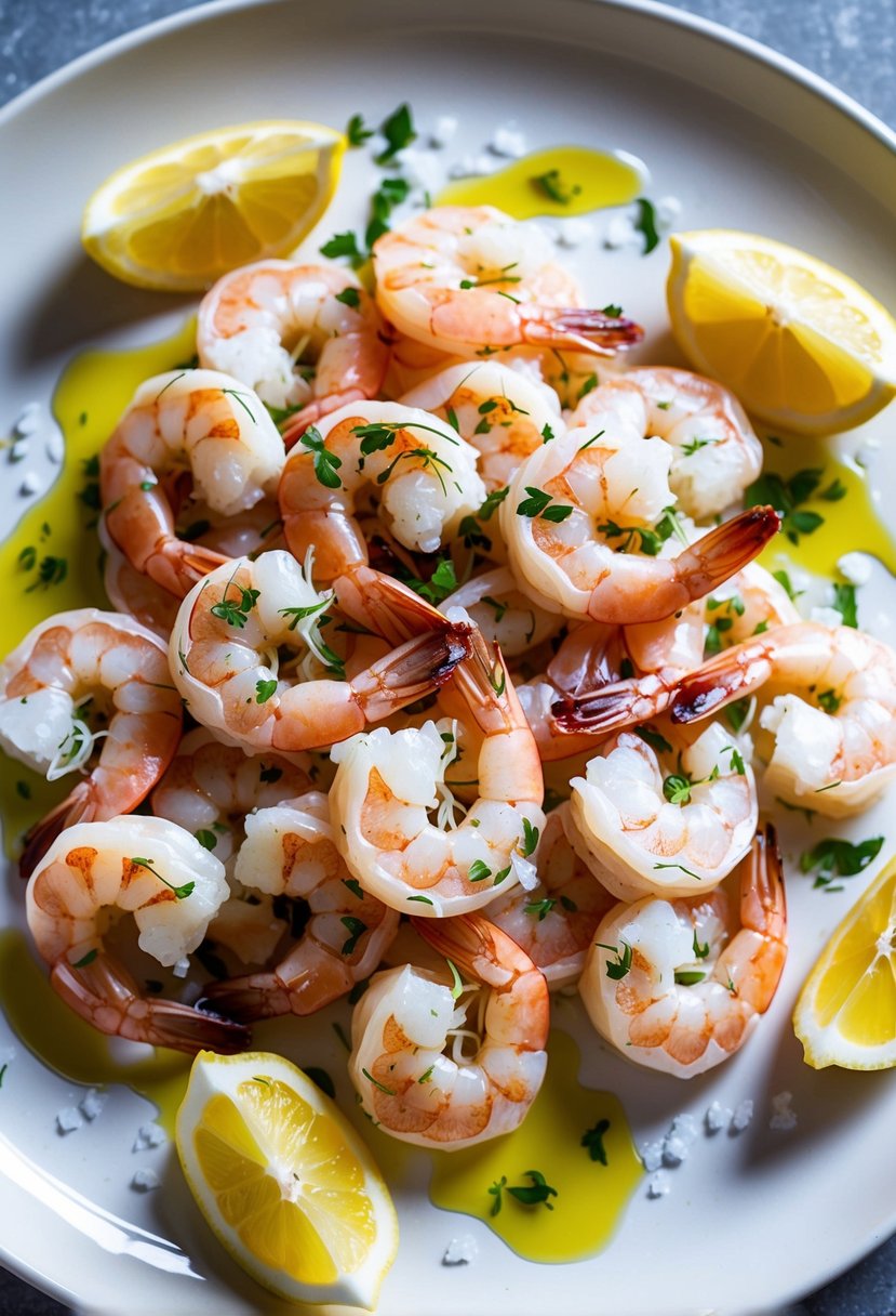 A plate of thinly sliced raw shrimp garnished with herbs and drizzled with olive oil, surrounded by lemon wedges and a sprinkle of sea salt