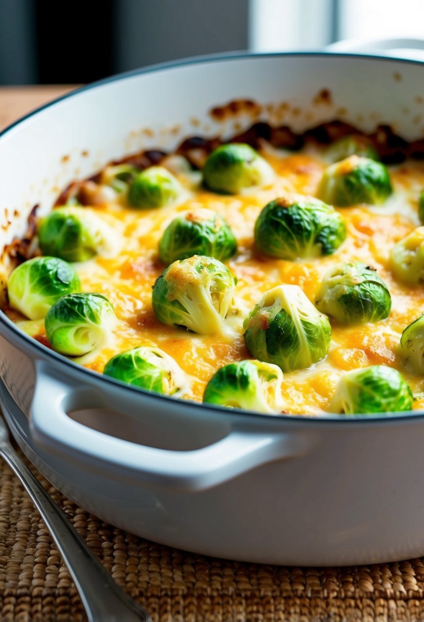 A baking dish filled with creamy Brussels sprouts topped with golden, bubbling cheese