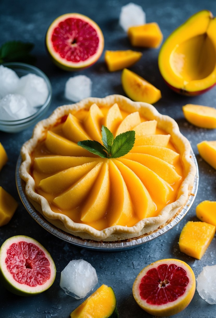 A vibrant mango chiffon pie surrounded by frozen slices and fresh fruit